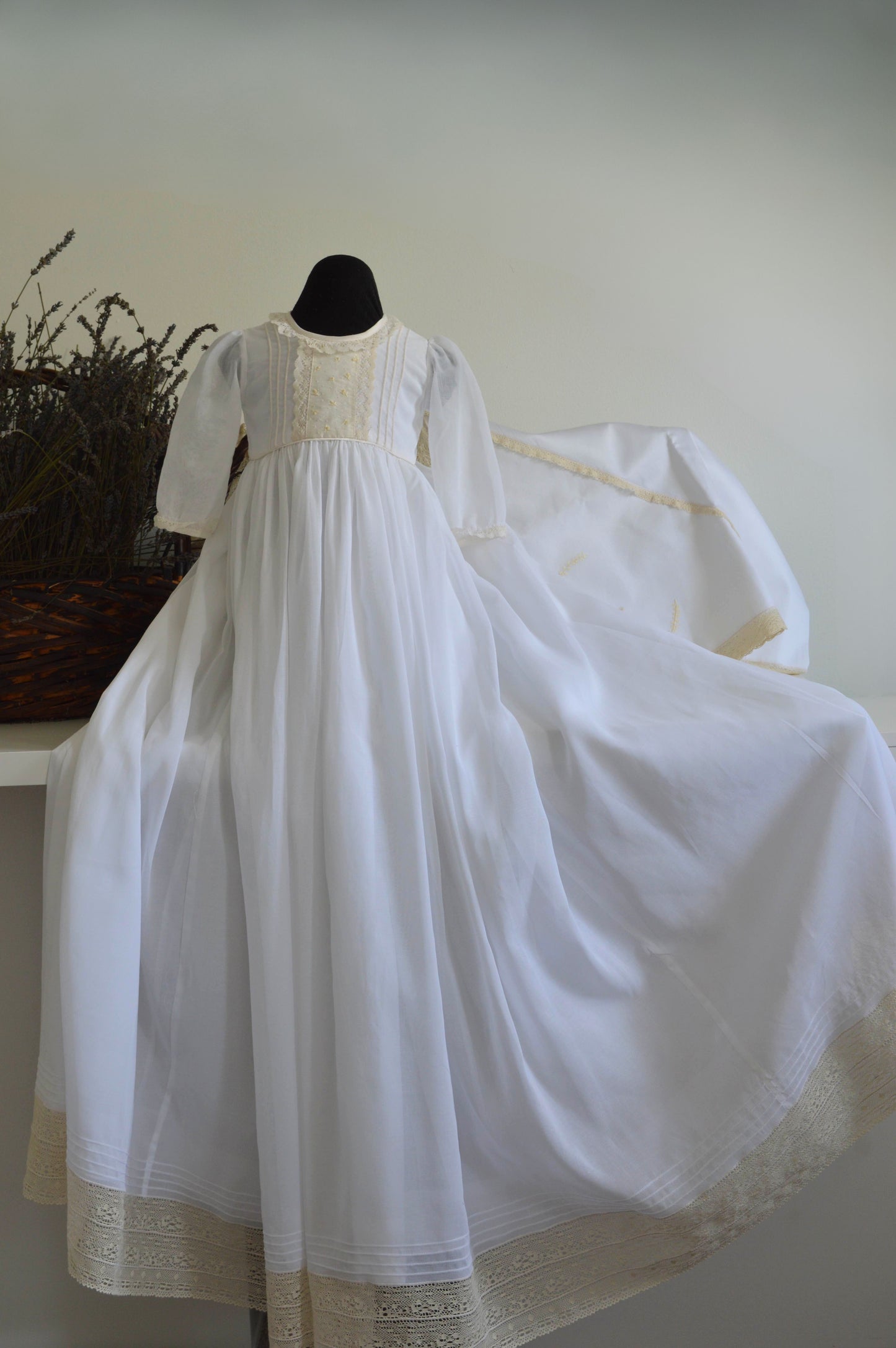 Heirloom Christening gown, long  cascading skirt, trimmed with fine French lace and rows of pin tucks. 